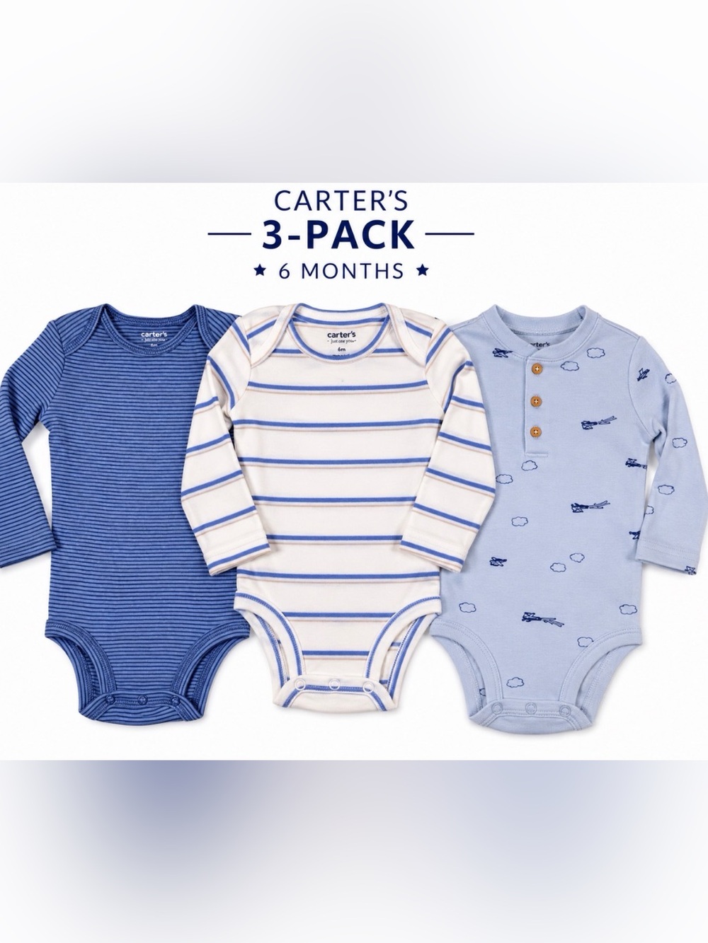 Carter’s Baby Boys Bodysuit Bundle 3-Pack 6M Long Sleeve Cotton Blue